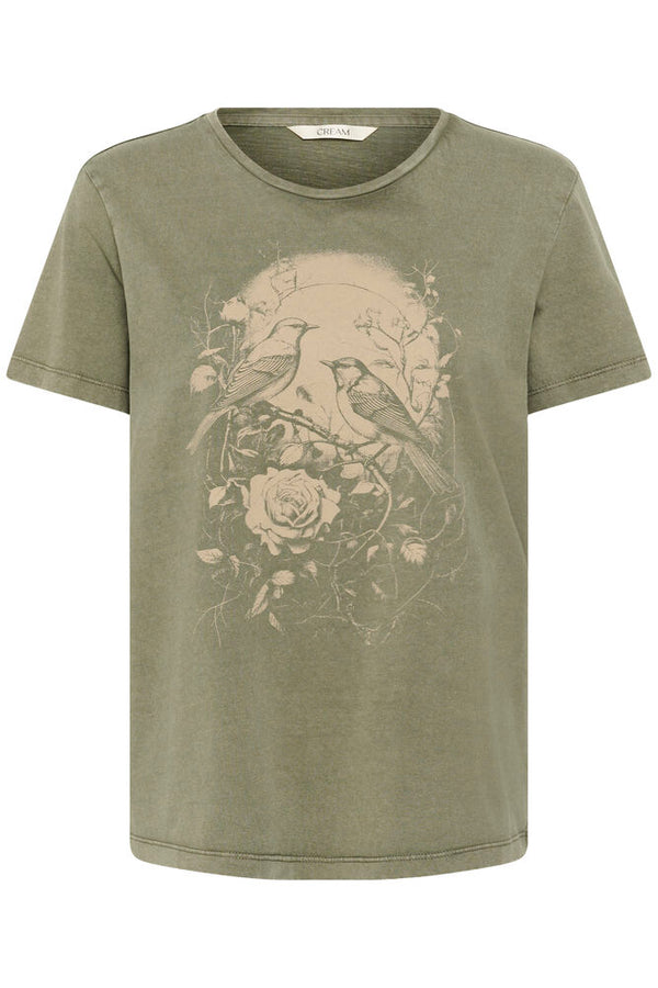 Cream Damira T-shirt - Mulled Basil w. Bleached Birds