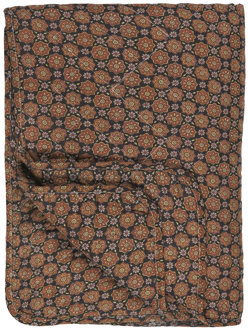 Ib Laursen - Quilt tæppe sort m/blomstermønster i rustfarver 130x180 cm