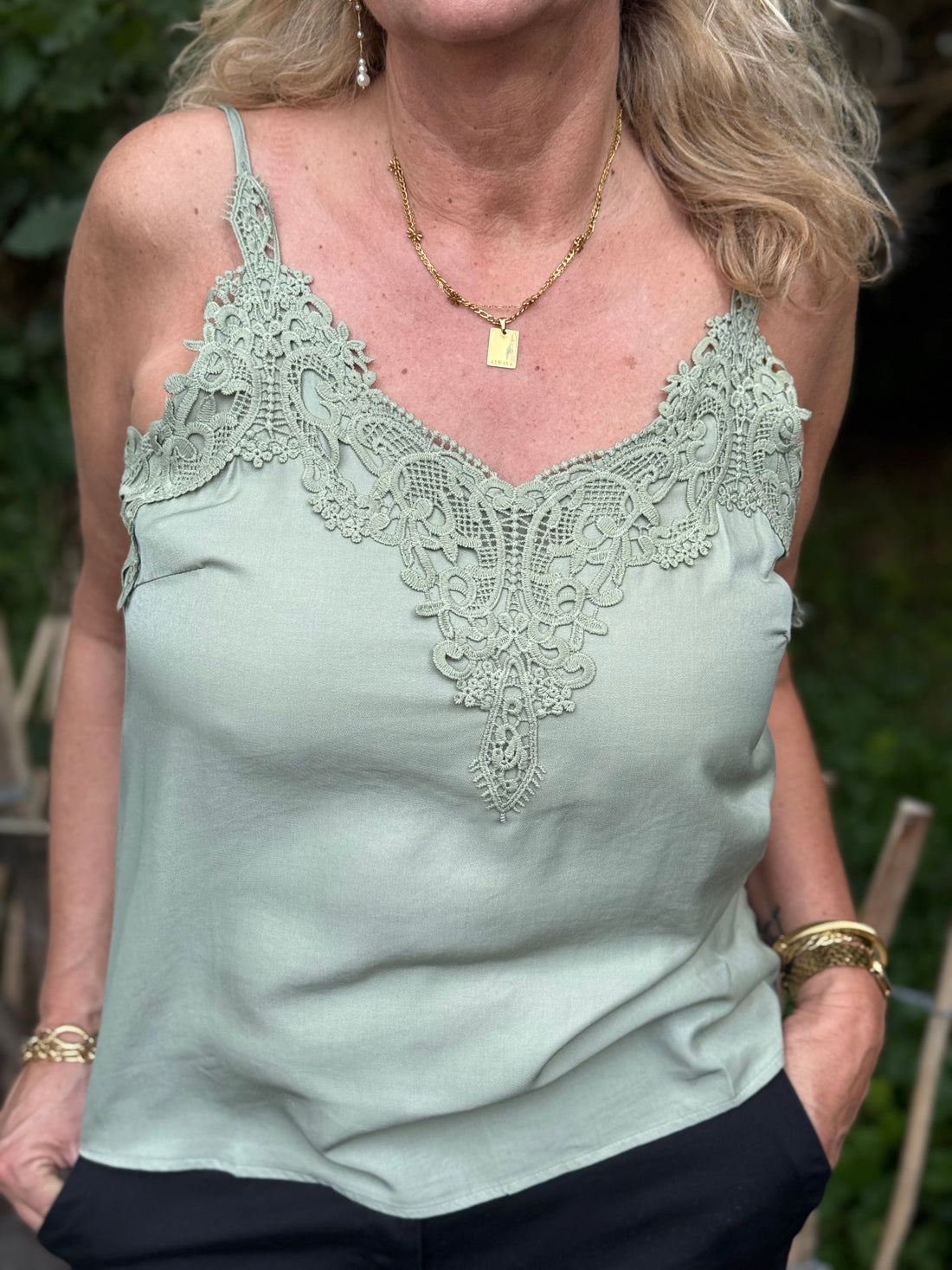 Cream Anna Top - Tea Green