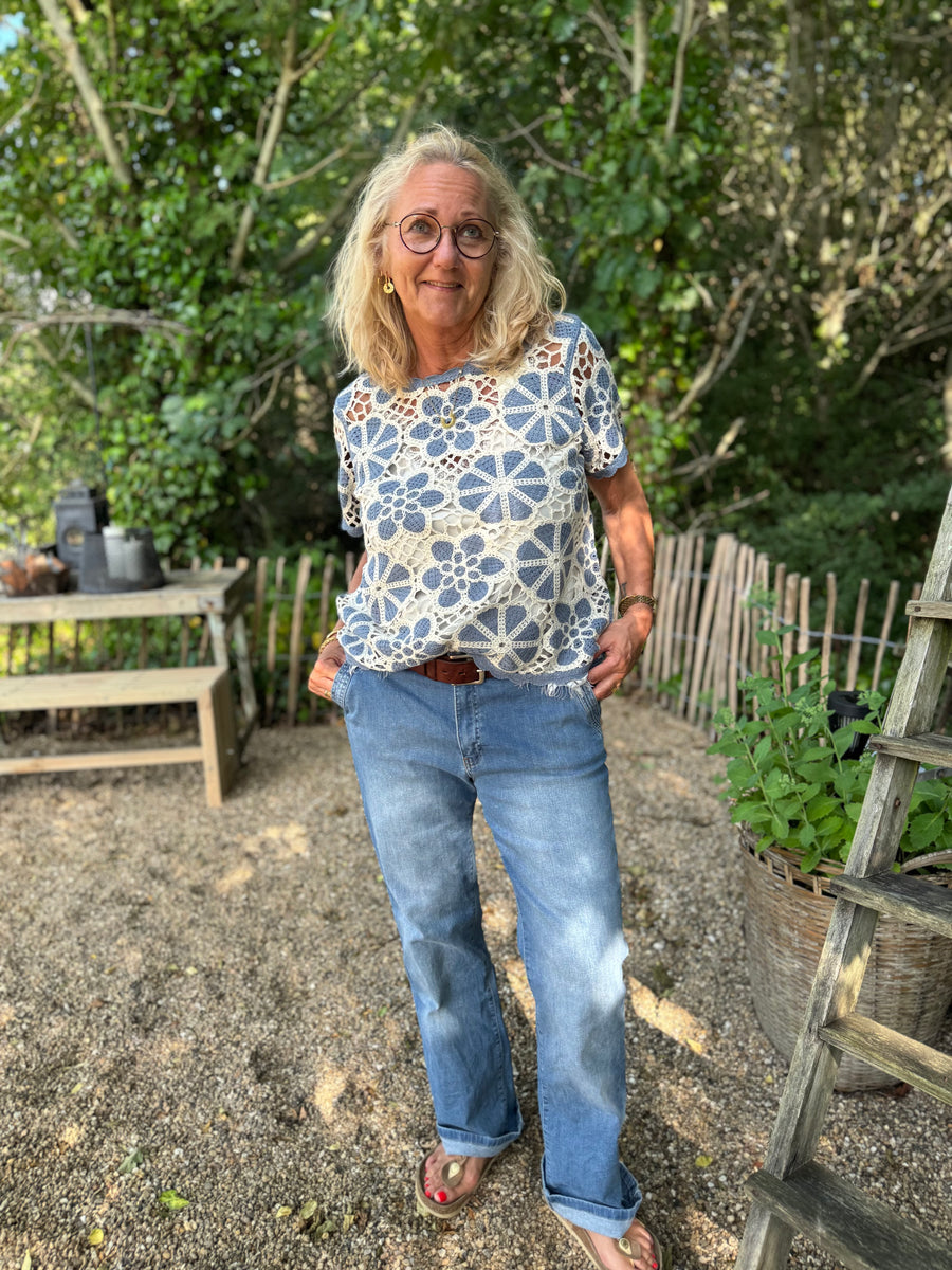 Cream Mallica Crochet Blouse - Stonewash Flower Pattern