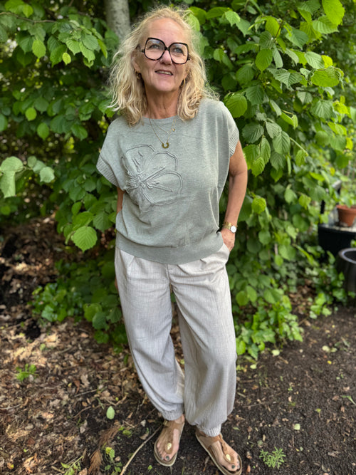 Cream Dela Knit Slipover w Deco - Mulled Basil Melange