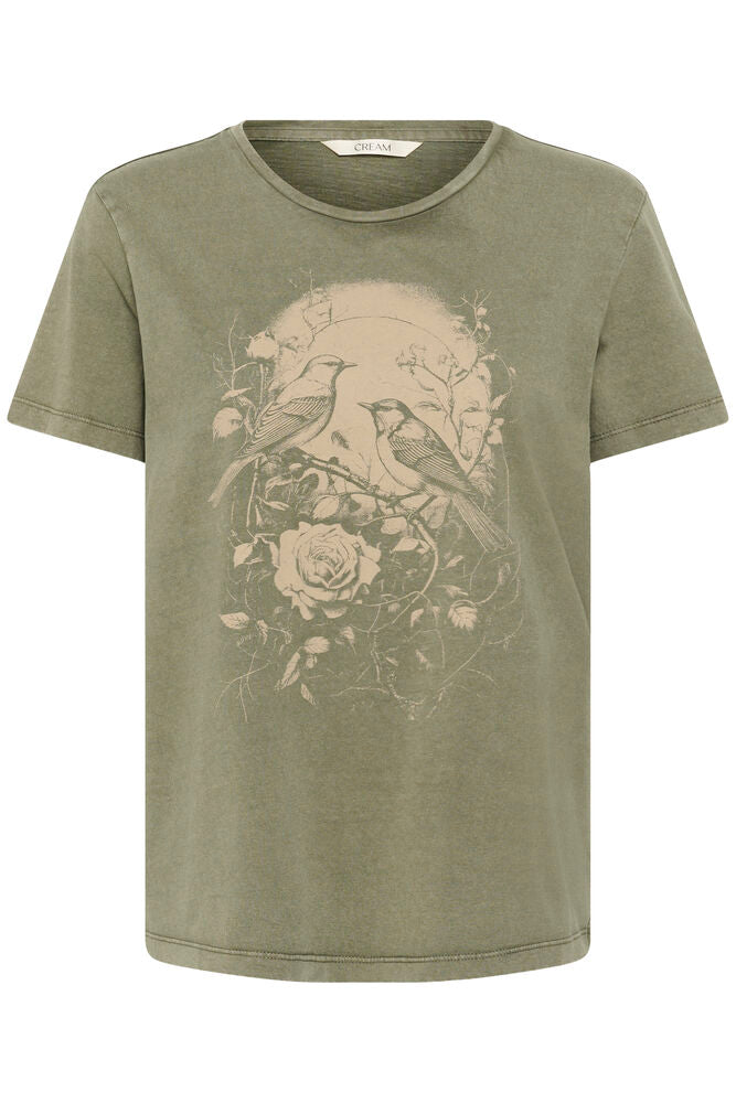 Cream Damira T-shirt - Mulled Basil w. Bleached Birds
