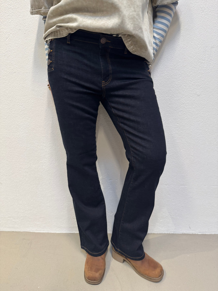 Isay Como Flare Button Jeans - Unwashed Denim