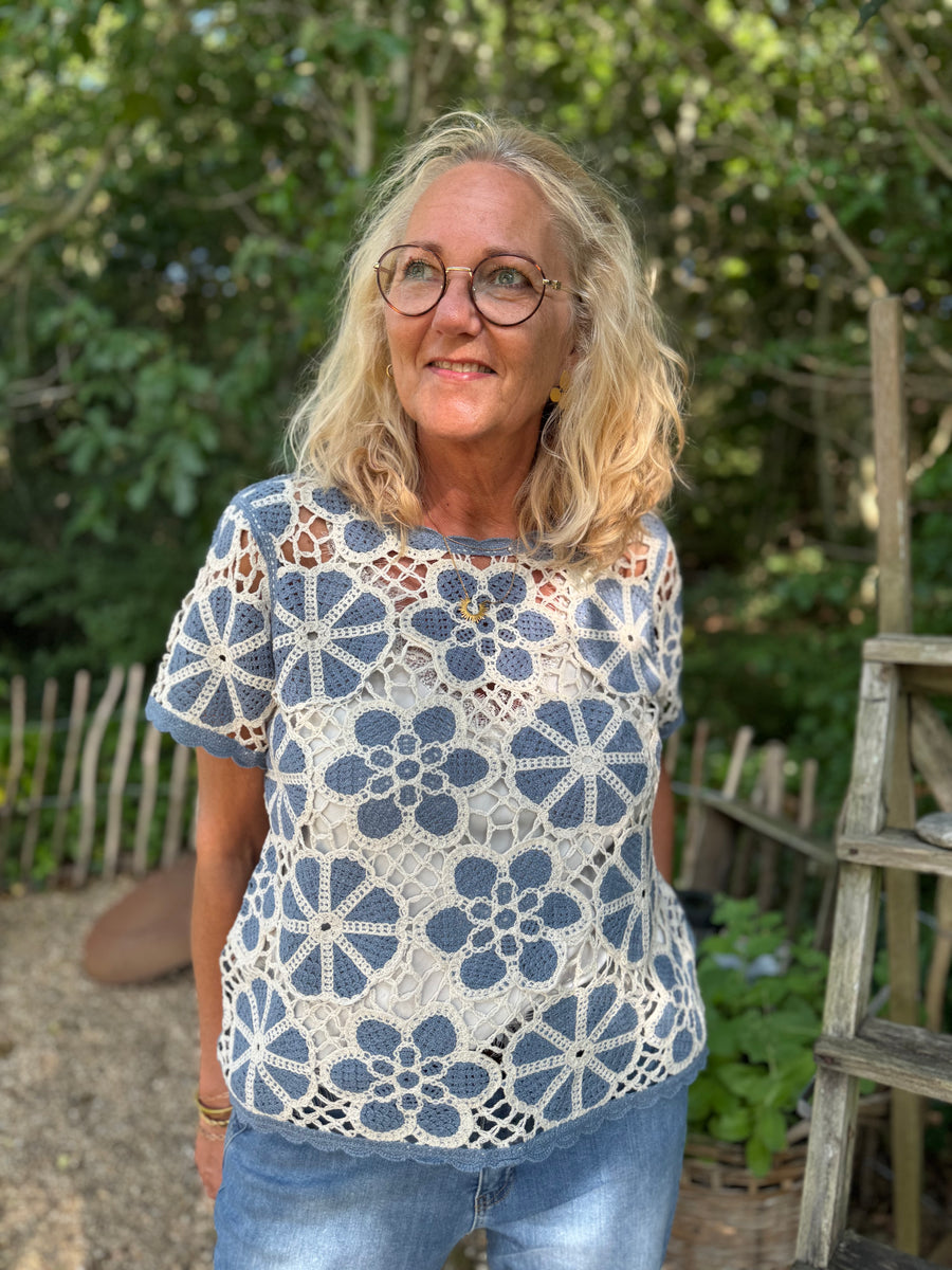 Cream Mallica Crochet Blouse - Stonewash Flower Pattern