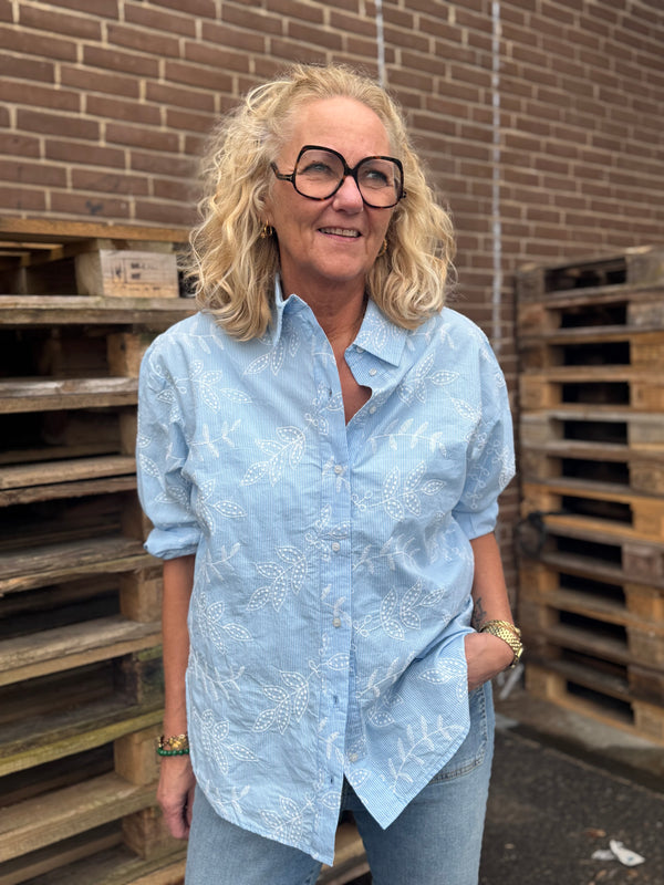 Kaffe Marlee Shirt - White Blue Embroidery Stripe