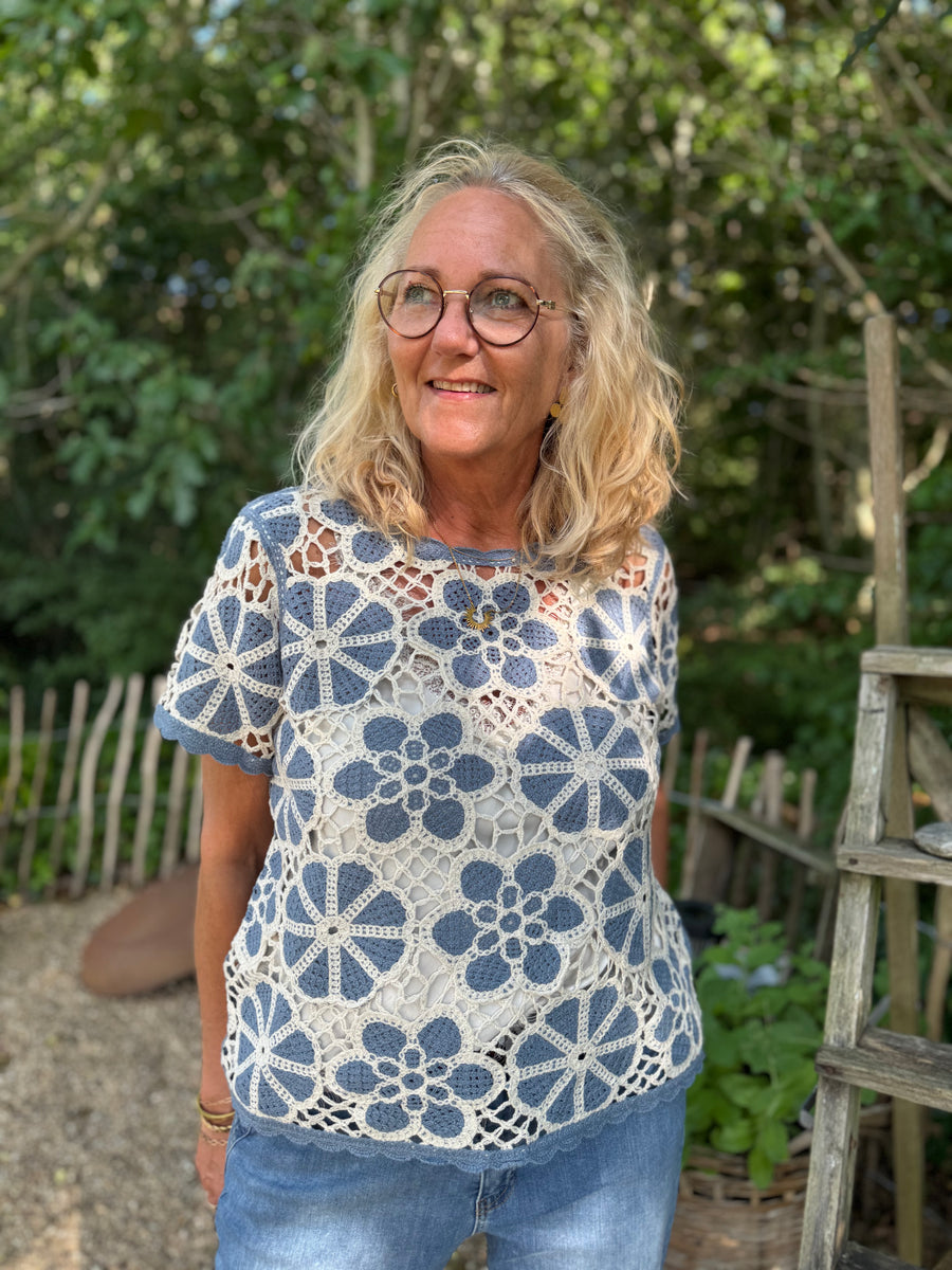 Cream Mallica Crochet Blouse - Stonewash Flower Pattern