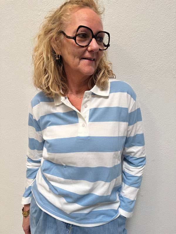 Kaffe Miala Polo LS T-shirt - Chalk With Powder Blue Stripe
