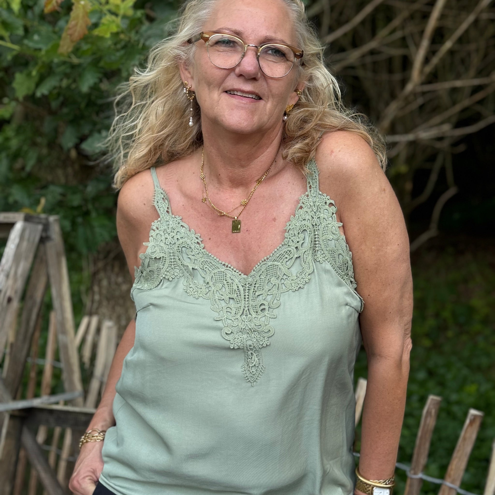Cream Anna Top - Tea Green