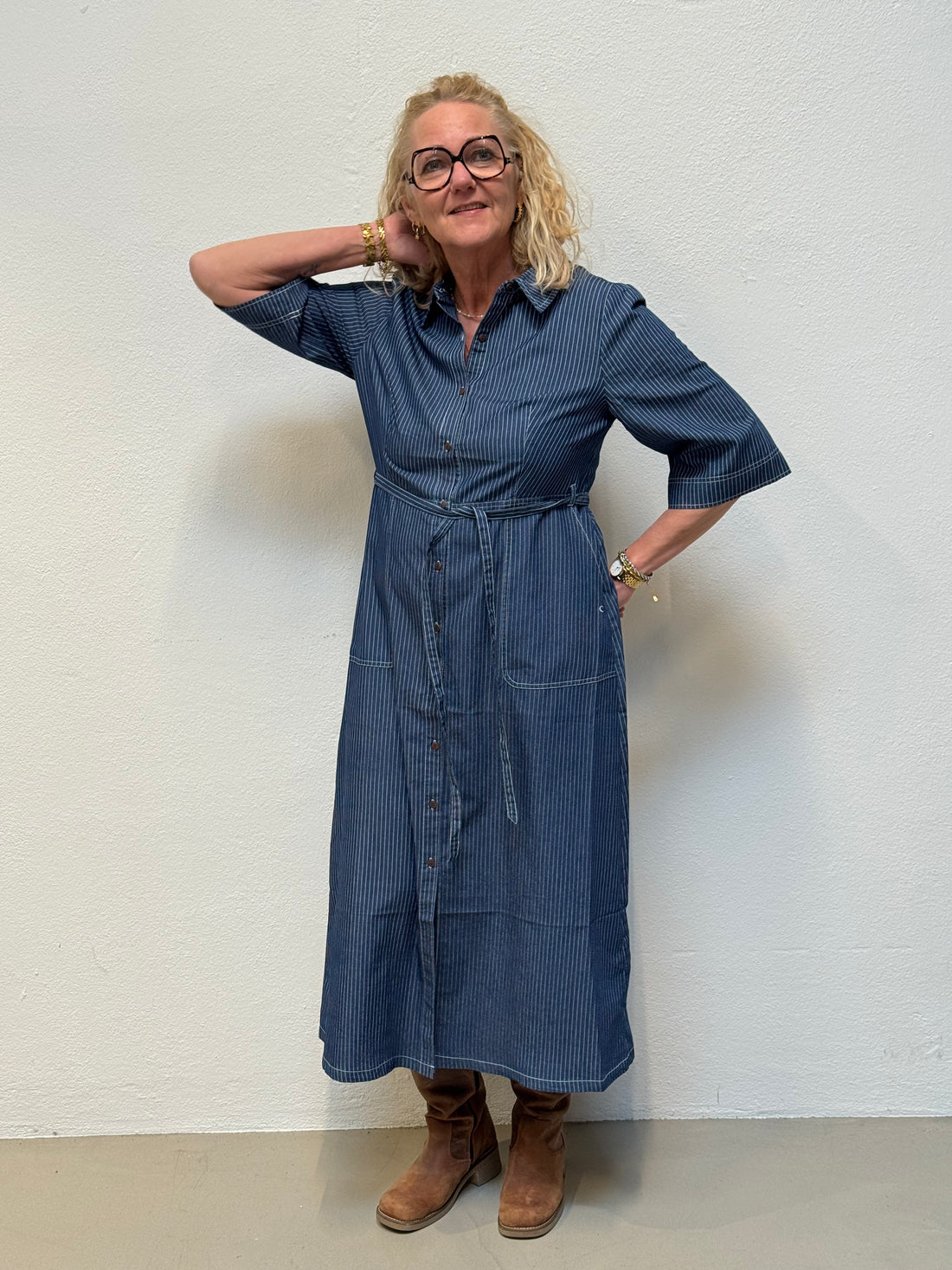 Cream Agate Dress - Rossland Pinstriped Denim