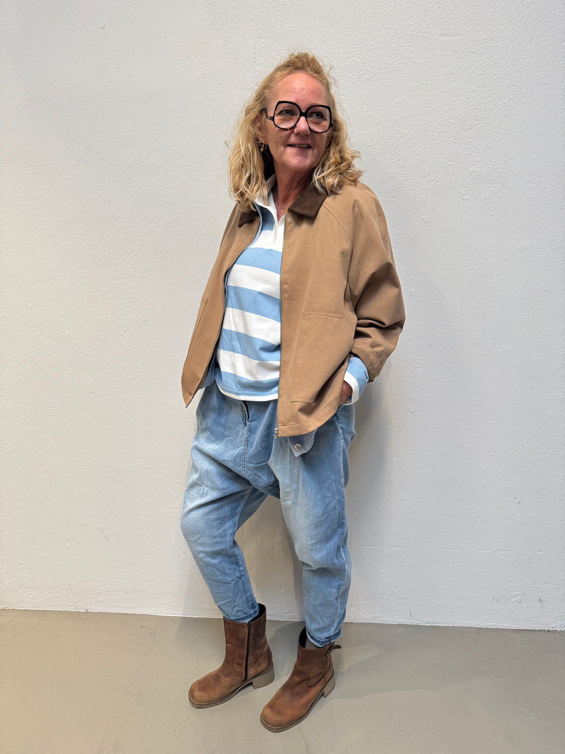 Kaffe Miala Polo LS T-shirt - Chalk With Powder Blue Stripe