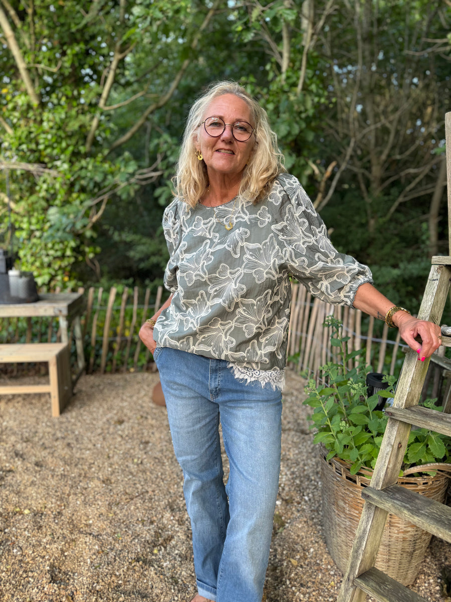 Cream Torli Blouse - Mulled Basil