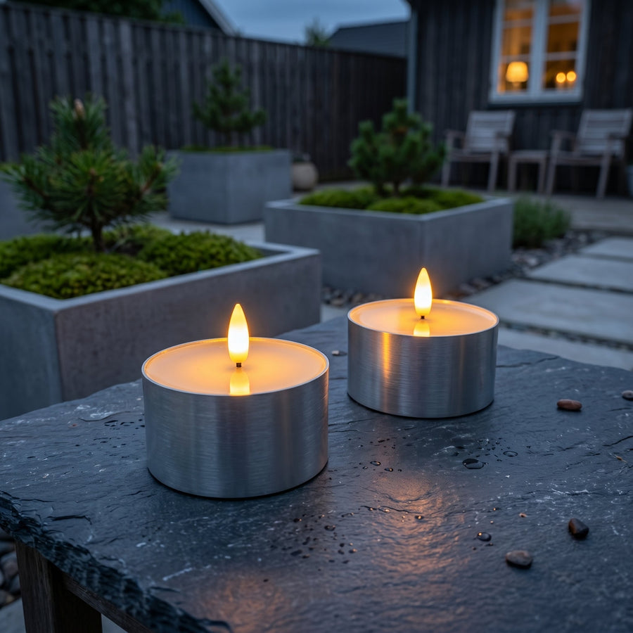 Outdoor LED Jumbo Fyrfadslys 2-pak - Realistisk 3D Flamme - Sølv