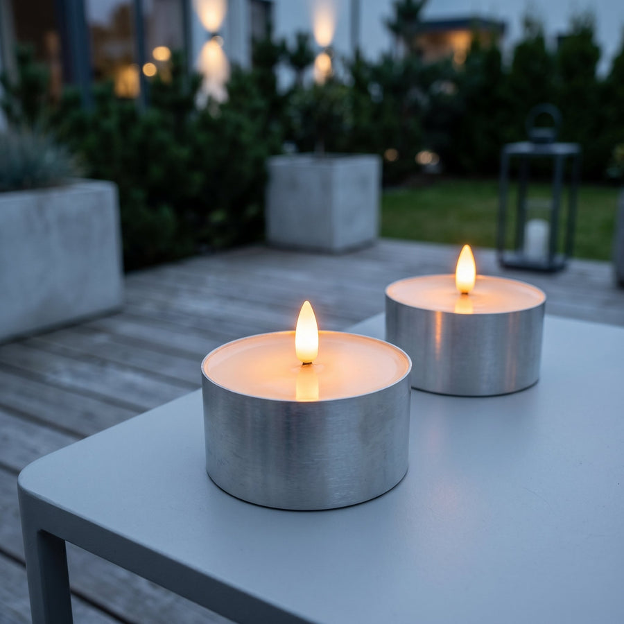 Outdoor LED Jumbo Fyrfadslys 2-pak - Realistisk 3D Flamme - Sølv