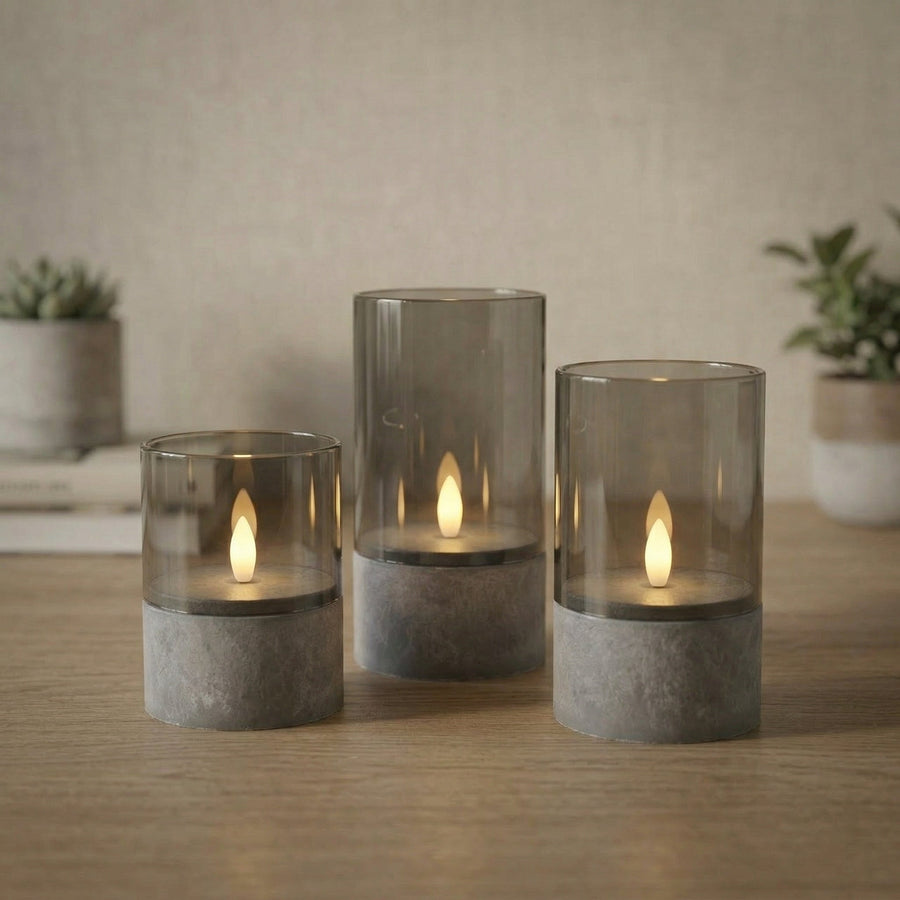 Outdoor LED-lys med Betonlook & Røget Glas – Sæt med 3 stk. | 500 timers batteritid | IP44