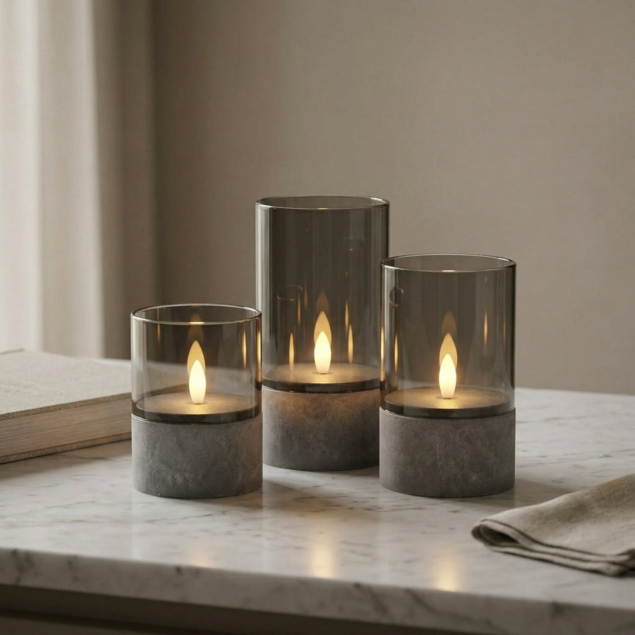 Outdoor LED-lys med Betonlook & Røget Glas – Sæt med 3 stk. | 500 timers batteritid | IP44